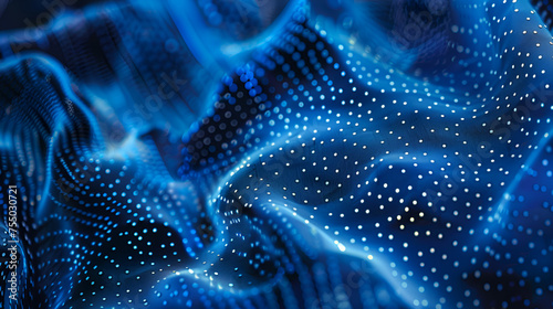 Moving neon blue dots pattern forming a digital network connection on dark background 3D rendering,Abstract futuristic background. Big data visualization. Dynamic wave of particles. 3D rendering © sania