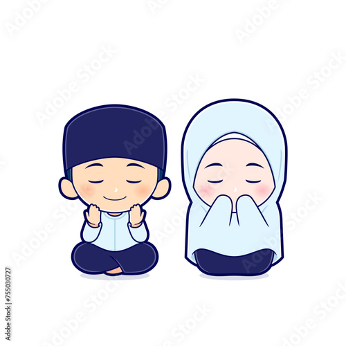 Cute boy and girl moslem sitting and praying. Religion concept icon flat style illustration. Ramadhan cartoon vector mascot character isolated on white background