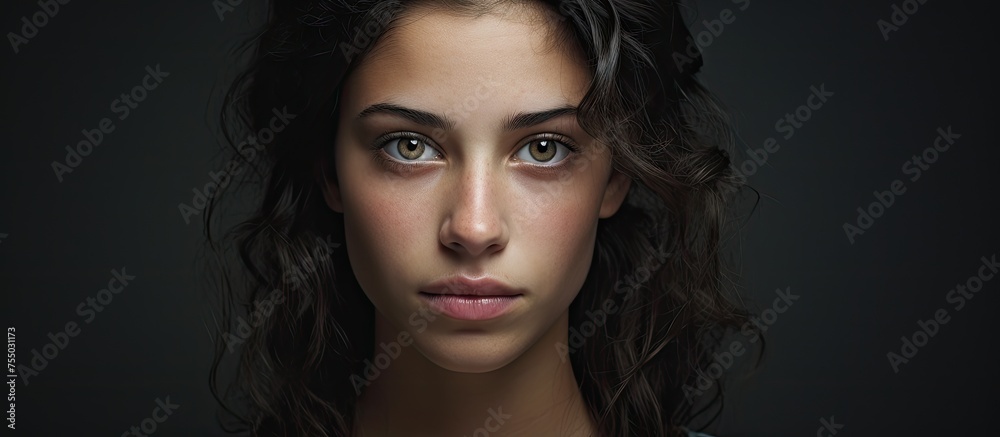 Sensual Woman Posing with Long Hair in Dramatic Lighting against Black Background Sensual Woman Posing with Long Hair in Dramatic Lighting against Black Background
