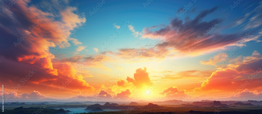A stunning sunset over a river with an abundance of clouds in the sky creates a mesmerizing natural landscape. The red sky at dusk and afterglow of sunlight paint a beautiful atmosphere in the sky