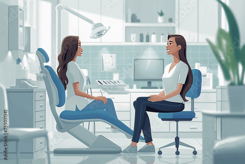 Dentist office interior with dentists chair, chair, stomatology equipment and patient vector illustration