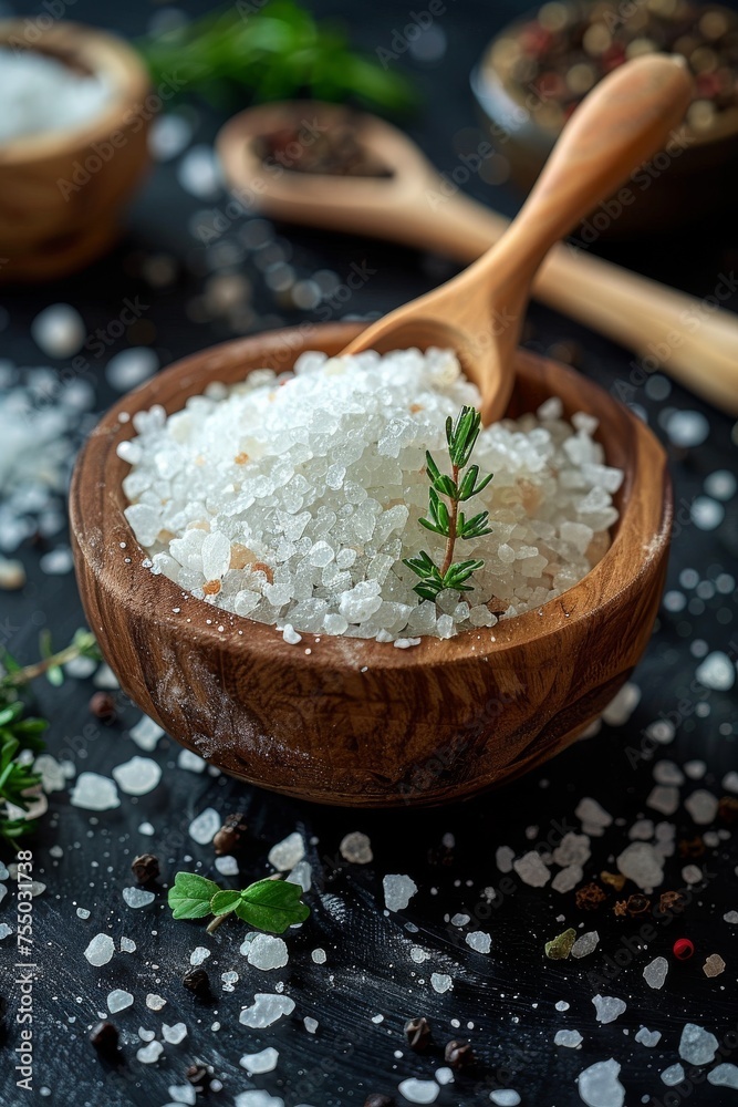 Sea salt with herbs and pepper in a wooden bowl Sea salt with herbs and pepper in a wooden bowl