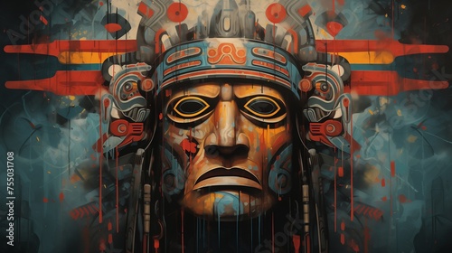 Craft a powerful image of an indigenous totem, rich in tribal symbolism and cultural significance, set against a backdrop that reflects the spirit of the community 