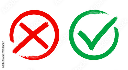 Check mark, tick and cross brush signs, green check mark OK and red X icons, symbols YES and NO button for vote, decision, election choice - vector