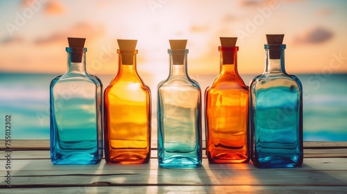Tropical Sunset Light Filtering Through Vibrant Glass Bottles