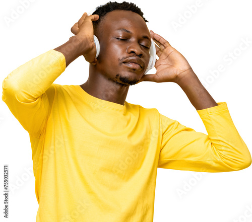 Young African man listening to music with eyes closed while holding headphones PNG file with no background