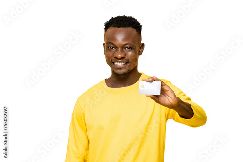 Smiling African man in casual attire holding credit card PNG file with no background photo