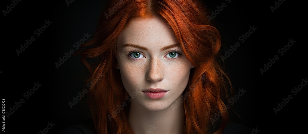 Enigmatic Woman with Auburn Hair and Piercing Emerald Eyes Radiates Mystique and Charm
