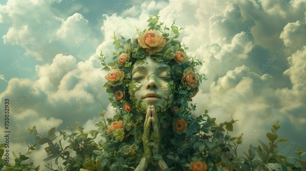 Personified Mother Nature with closed eyes, floral head, and praying hands.