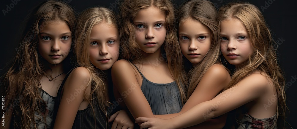 Fototapeta premium Enchanting Trio of Young Women Radiating Beauty with Flowing Hair and Stunning Blue Eyes
