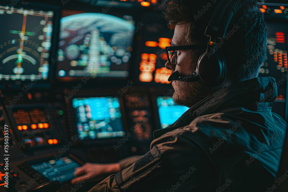 Air traffic controller is focused on navigation system displays ...