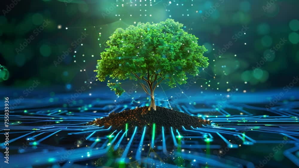 Tree with soil growing on the converging point of computer circuit ...