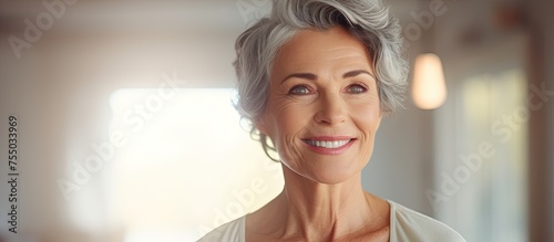 Elegant Senior Lady in White Shirt Posing Confidently with Grey Hair - Diversity and Beauty