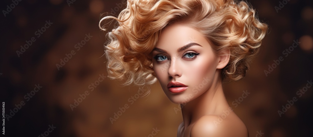 Fototapeta premium Exquisite Beauty: Portrait of a Stunning Woman with Gorgeous Curly Hair and Flawless Makeup