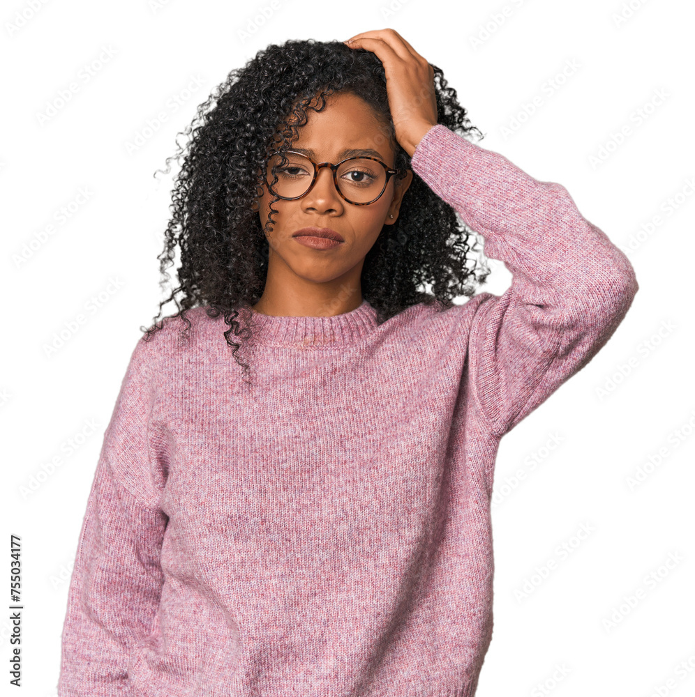 African American woman in studio setting tired and very sleepy keeping hand on head. African American woman in studio setting tired and very sleepy keeping hand on head.