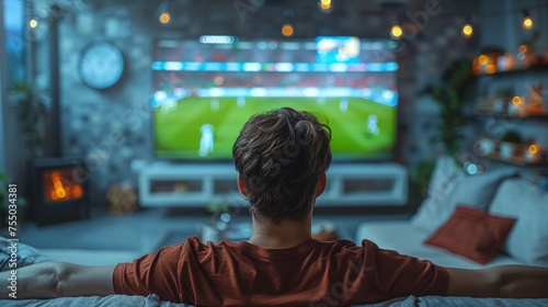Back view of male friends watching a soccer match on a couch with a big screen TV. Men actively support their favorite team and comment on the game. photo