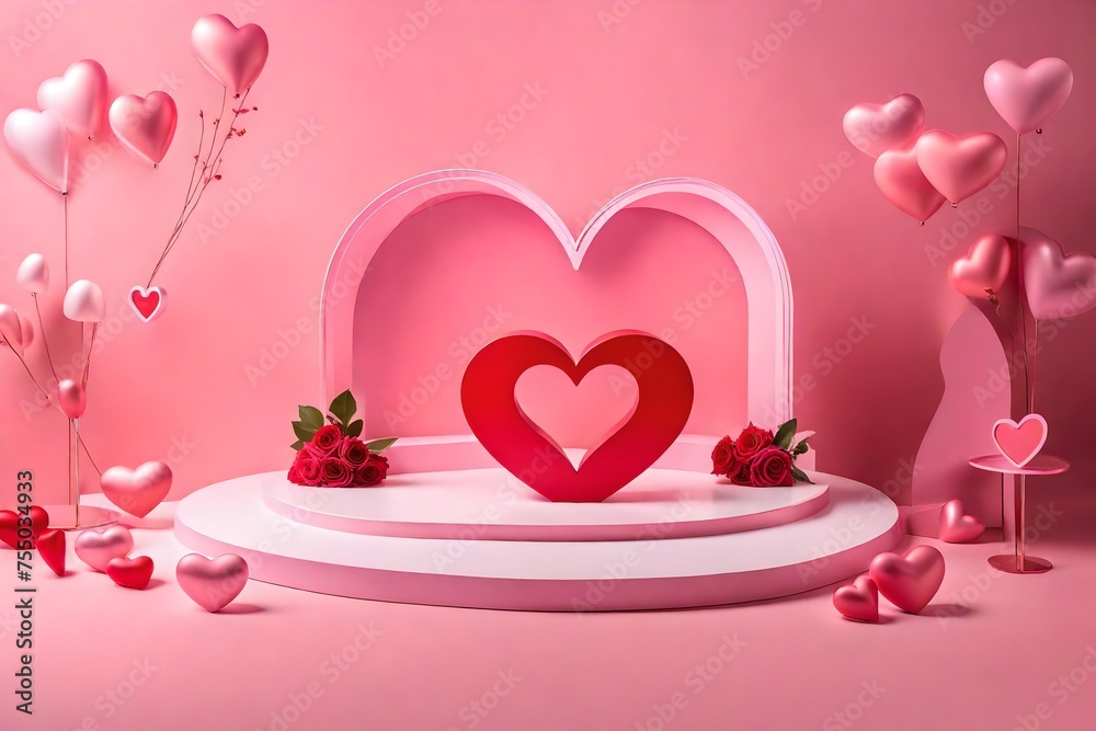background with hearts, Step into a world of romance with a captivating image featuring a podium background pink 3D product love display platform adorned with a red heart stand