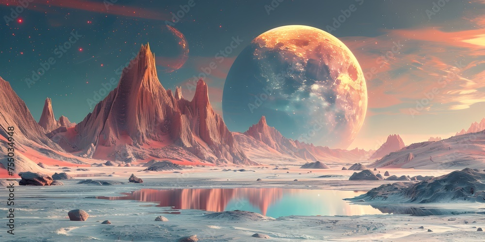 Futuristic Alien Planet Landscape with Mountains and Water, To provide ...