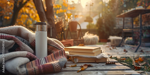 Comfortable blankets and a book create a serene autumn reading nook in a backyard at golden hour photo