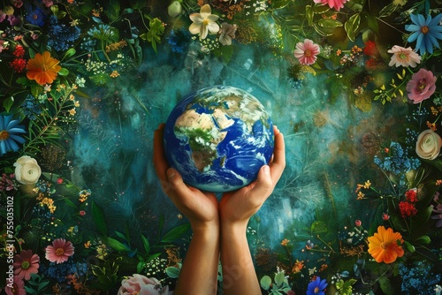 A representation of global guardianship with a single hand supporting the Earth set against the beauty of a flower garden