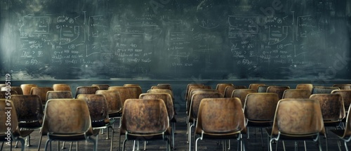 A symphony of vacant student chairs facing the blackboard echoing with potential photo