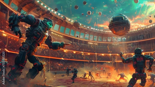 An ancient coliseum where gladiators are robots battling in front of a crowd of humans and androids photo