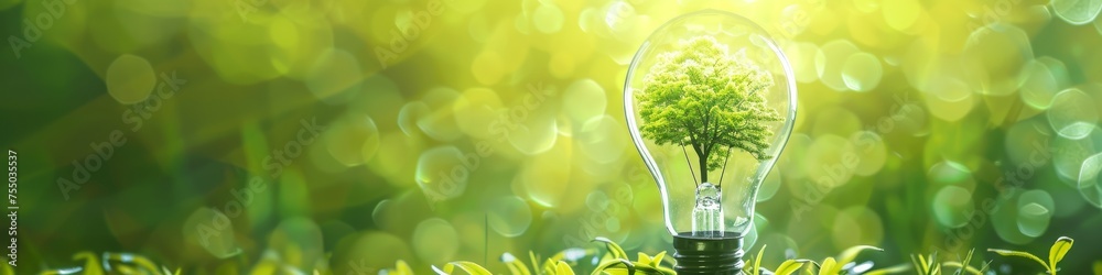 Conceptual image of a light bulb with a tree growing inside representing innovative green energy ideas on an abstract green background - obrazy, fototapety, plakaty 
