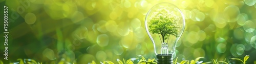 Conceptual image of a light bulb with a tree growing inside representing innovative green energy ideas on an abstract green background photo