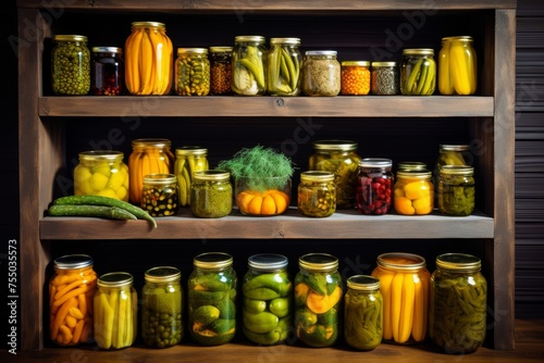 Assortment of pickled vegetables and canned goods displayed for sale on wooden shelf