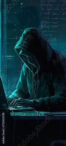 Dark room with hacker in hood using laptop and smartphone to hack and intimidate sensitive data in background