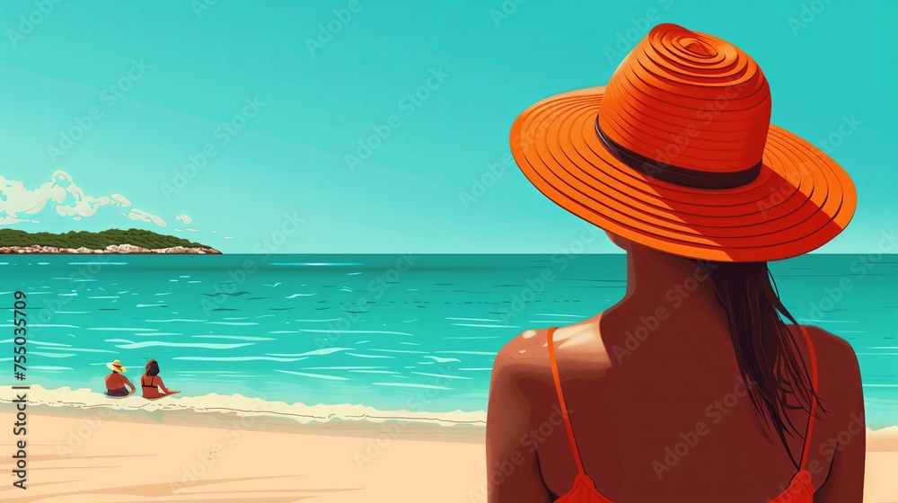 Woman on the beach in a swimsuit and a hat close-up, Beach scene. flat illustration,