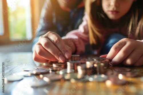 Focused child girl and her parent counting coins for a shared goal in a warm sunlit room photo