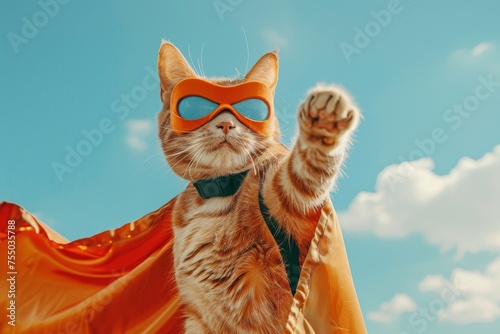 Ginger cat in a superhero cape and mask striking a pose against a sky blue backdrop ready for action photo