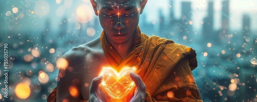 Futuristic enlightenment a monk with an AI heart representing the merger of old wisdom and new tech photo