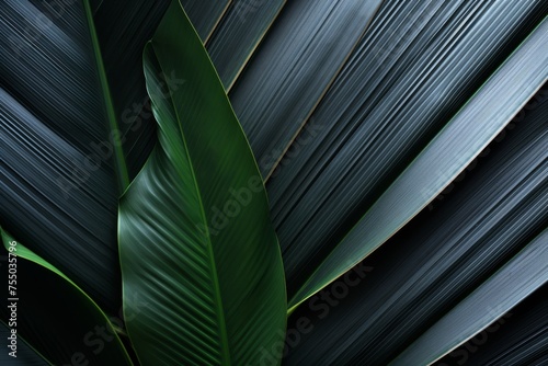 Abstract black leaf textures arranged in flat lay style for dark nature concept with tropical twist