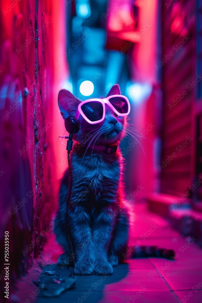 A stylish cat wearing pink sunglasses in a neon-lit alley.