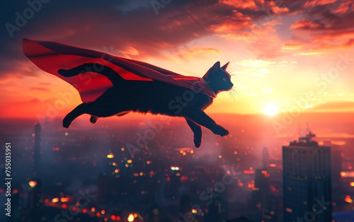 Superhero cat flying over city at sunset, concept of power and freedom.