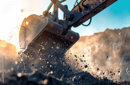 Dynamic close-up of an excavator's mechanical arm in action, digging through the earth with debris flying, captured in the glow of the setting sun, highlighting the power and activity of construction 