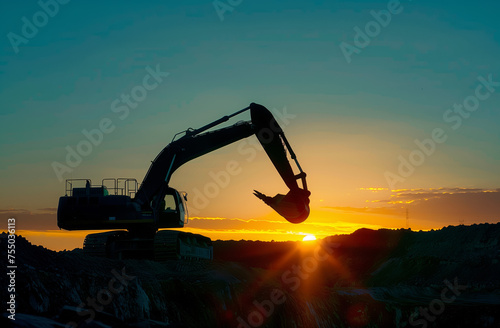 The striking silhouette of an excavator stands against the radiant sunset, its powerful arm etched into the horizon, capturing the essence of construction work blending into the beauty of the natural 
