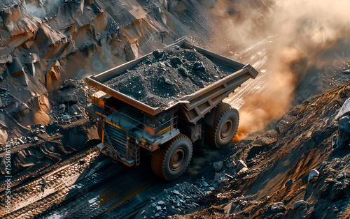 A robust mining truck loaded with ore is captured in motion, dust trailing behind as it navigates through a harsh quarry landscape, emphasizing the relentless power and action within the mining indust photo