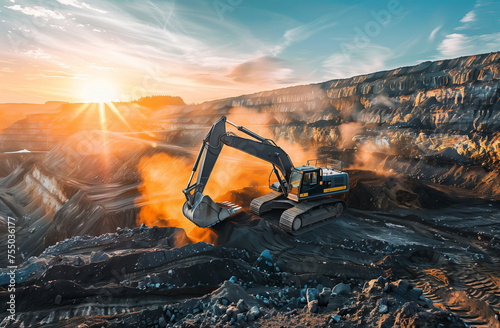 An excavator operates against the break of dawn in a coal mine, with the morning sun illuminating the dust and machinery, symbolizing the beginning of a hard day's work in the energy sector