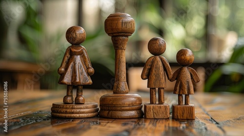 Judge's table with gavel, sound block, and small wooden figurines of husband, wife, and kid. Family law, divorce lawyer, joint custody of child, and alimony concept in the courthouse. photo