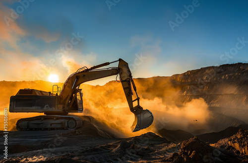 Dawn Excavation in Coal Mine. Silhouette of an excavator against a vibrant dawn sky in a coal mine