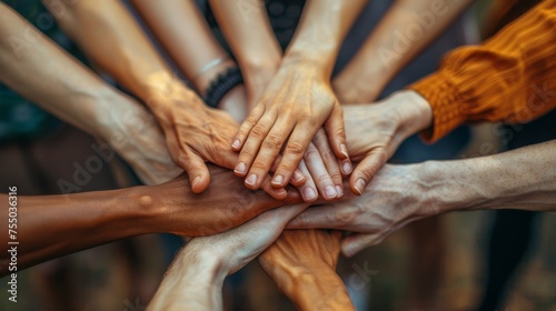 The hands of people of different ages and nationalities are folded on each other, symbolizing their unity and support. Close-up of people working together for a positive result.
