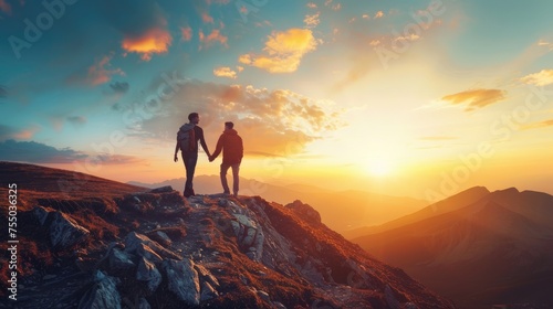Image of two young men holding hands together Looking ahead on a high mountain The idea of being alone in a place that most people can't reach photo