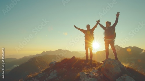 Image of two young men holding hands together Looking ahead on a high mountain The idea of being alone in a place that most people can't reach