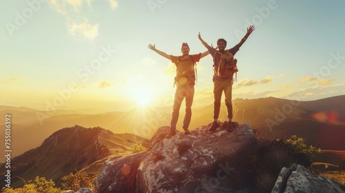 Image of two young men holding hands together Looking ahead on a high mountain The idea of being alone in a place that most people can't reach © panu101