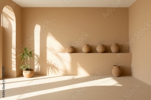 Modern beige interior with geometric sunlight, shadows, and empty wall mockup image for sale