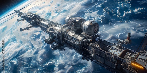 Futuristic Spaceship Hovering Above Earth in Hyper-Realistic Water Style, To convey a sense of progress, innovation, and advanced technology in a