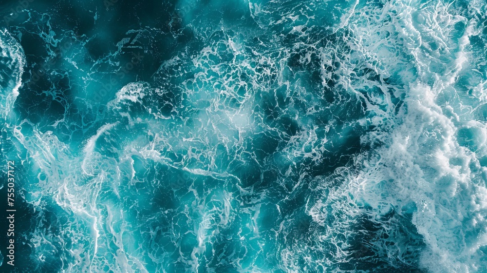 From above aerial view of turquoise ocean water with splashes and foam for abstract natural background and texture - obrazy, fototapety, plakaty 